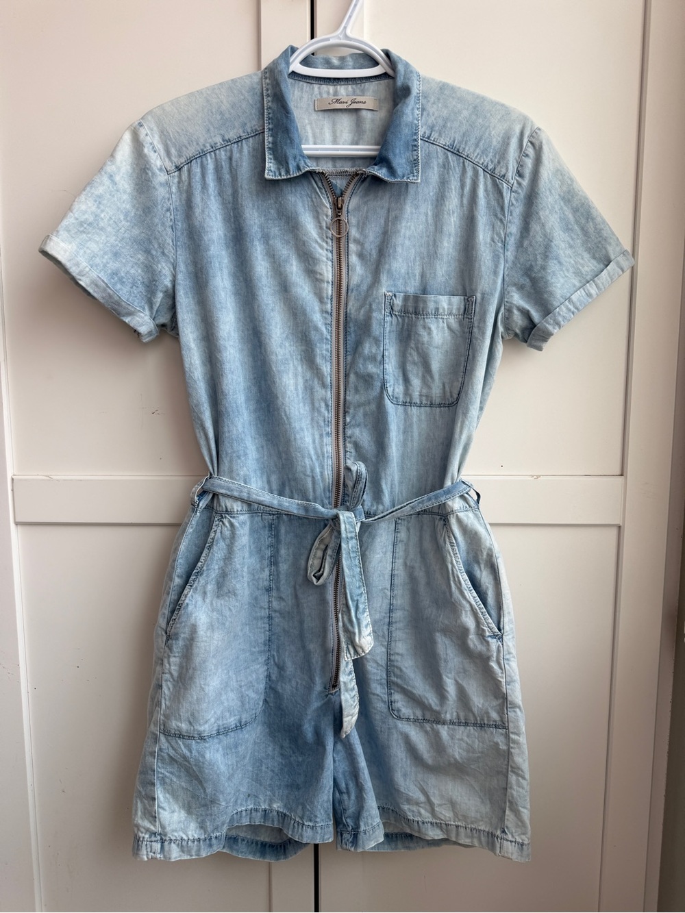 Mavi Jeans Light Wash Denim Zip Front Utility Romper Belted Short Sleeve Size M - Picture 8 of 11